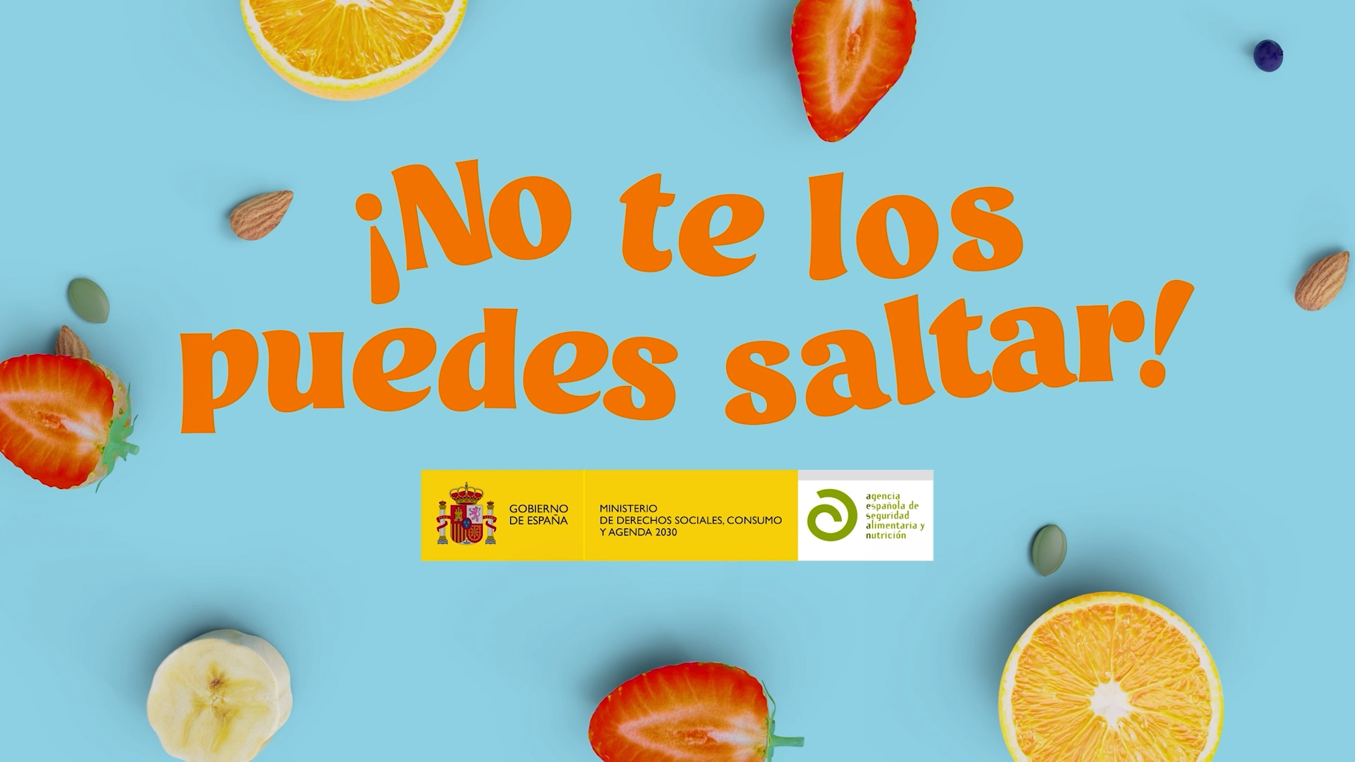 Trozos de fruta con el texto "No te lo puedes saltar"